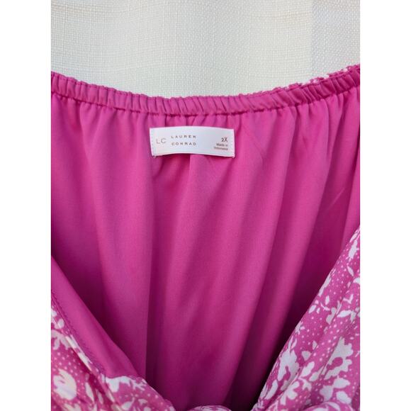 Lauren Conrad Womens Tie Front Mini Dress Sz 2X Pink Spotty Blossom Peasant - Picture 2 of 8